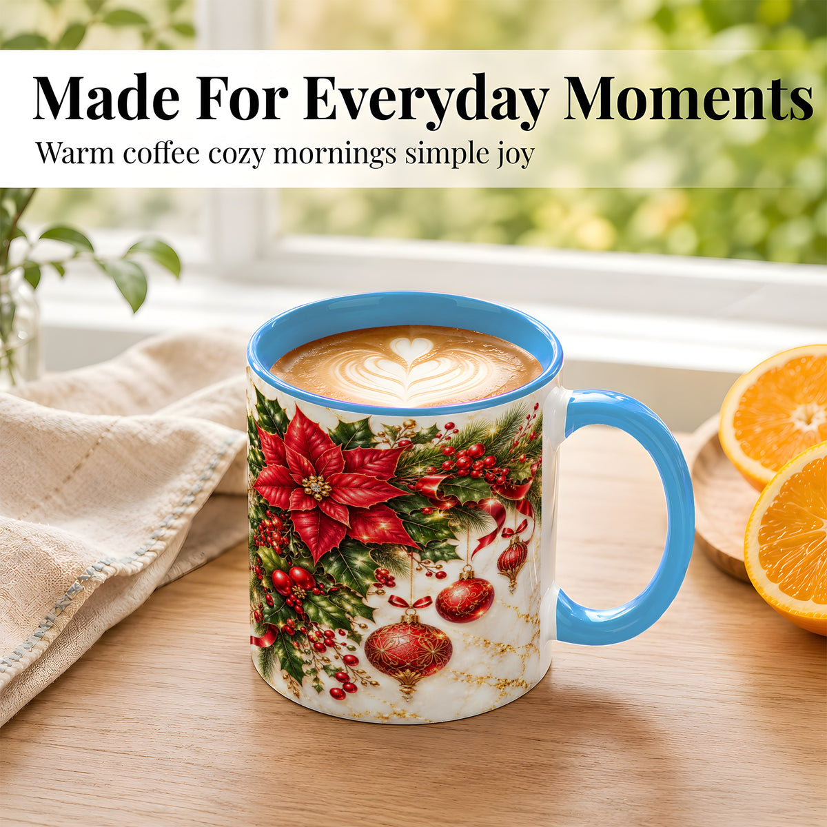 #pl[11oz|Blue] Christmas Ornaments Coffee Mug, Red Poinsettia Mug, Ceramic Cup