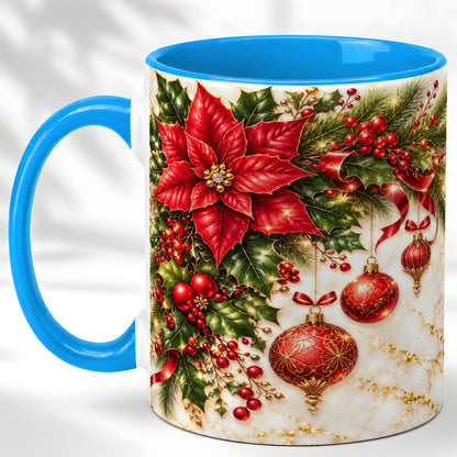 #pl[11oz|Blue] Christmas Ornaments Coffee Mug, Red Poinsettia Mug, Ceramic Cup