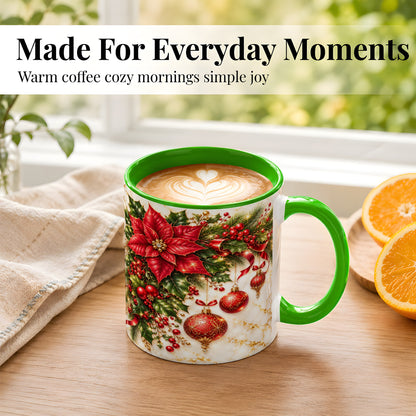 #pl[11oz|Green] Christmas Ornaments Coffee Mug, Red Poinsettia Mug, Ceramic Cup