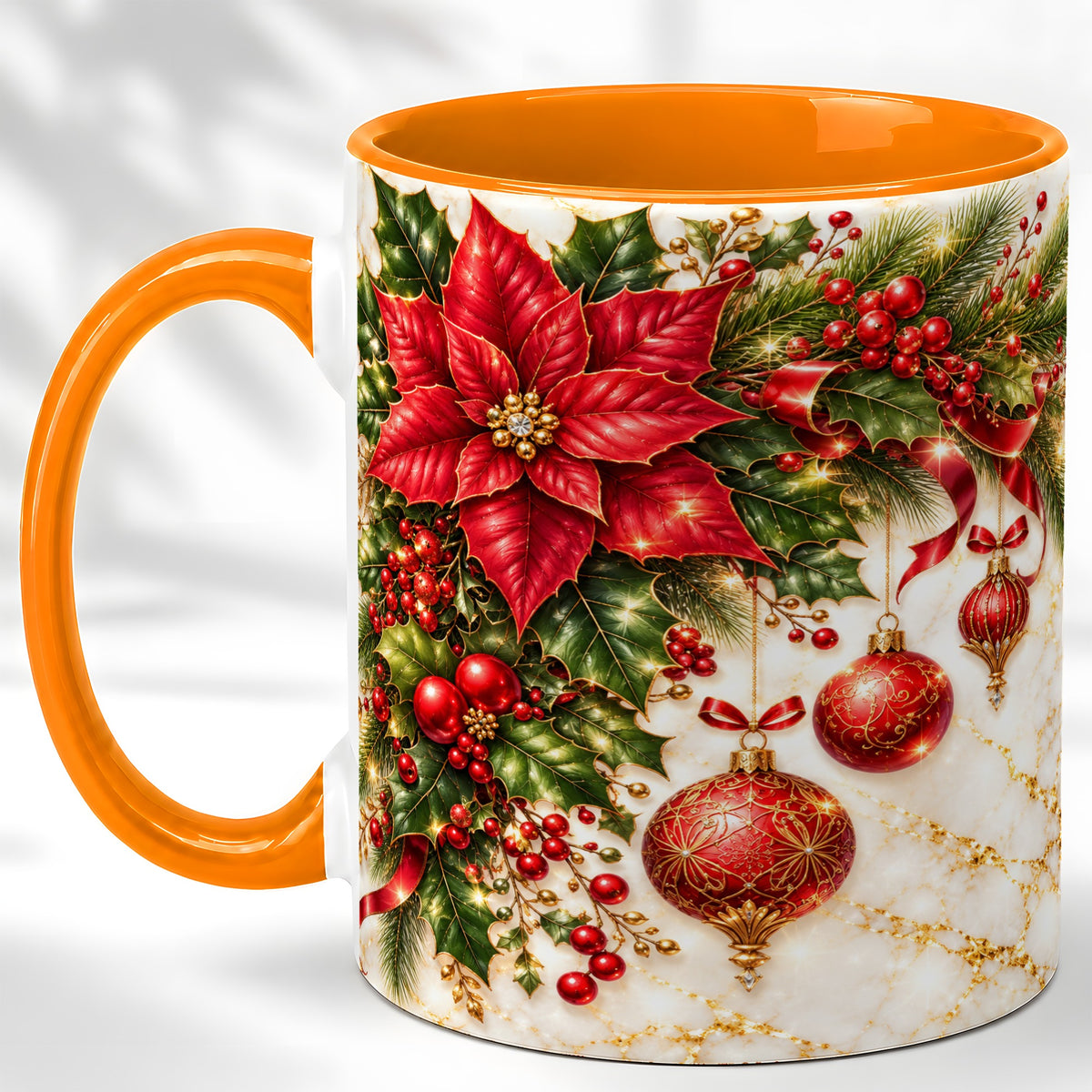 #pl[11oz|Orange] Christmas Ornaments Coffee Mug, Red Poinsettia Mug, Ceramic Cup