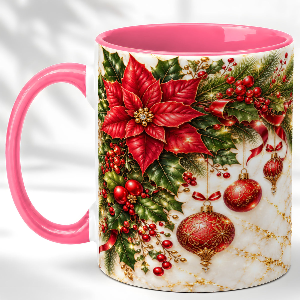 #pl[11oz|Pink] Christmas Ornaments Coffee Mug, Red Poinsettia Mug, Ceramic Cup
