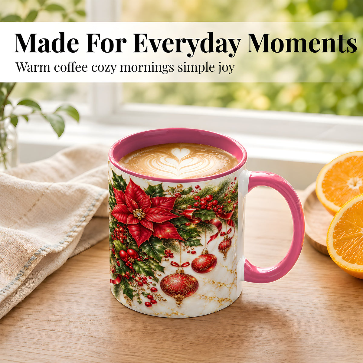 #pl[11oz|Pink] Christmas Ornaments Coffee Mug, Red Poinsettia Mug, Ceramic Cup