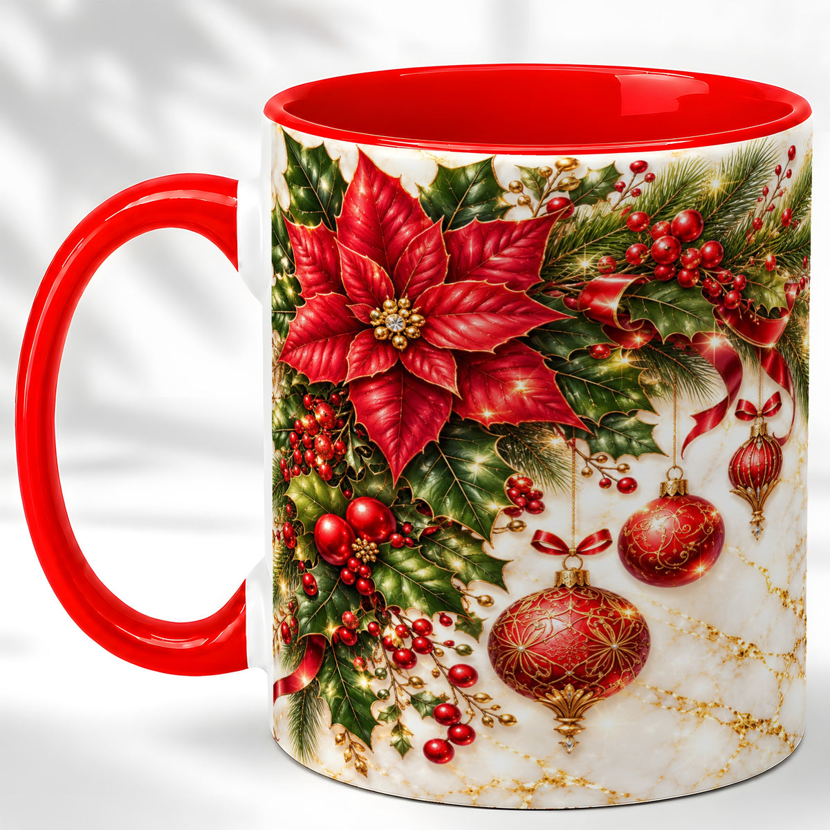 Christmas Ornaments Coffee Mug, Red Poinsettia Mug, Ceramic Cup