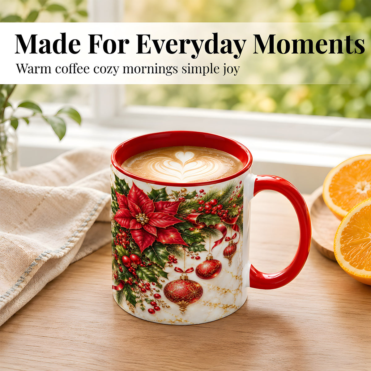 #pl[11oz|Red] Christmas Ornaments Coffee Mug, Red Poinsettia Mug, Ceramic Cup