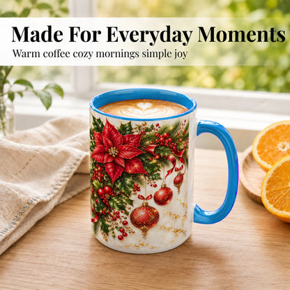 #pl[15oz|Blue] Christmas Ornaments Coffee Mug, Red Poinsettia Mug, Ceramic Cup