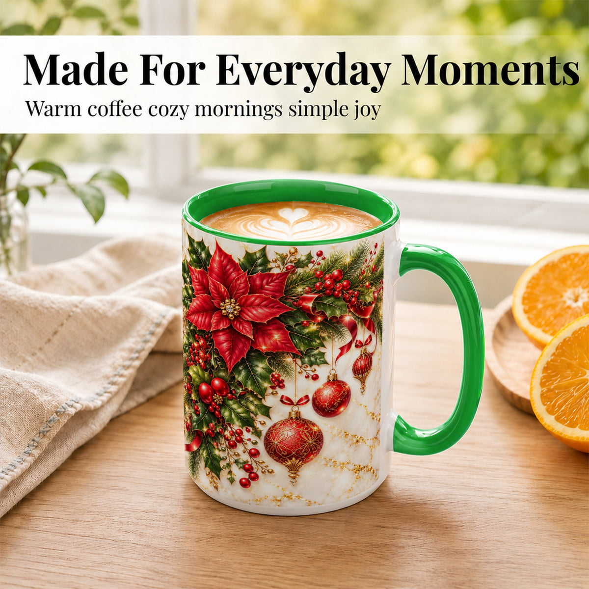 #pl[15oz|Green] Christmas Ornaments Coffee Mug, Red Poinsettia Mug, Ceramic Cup