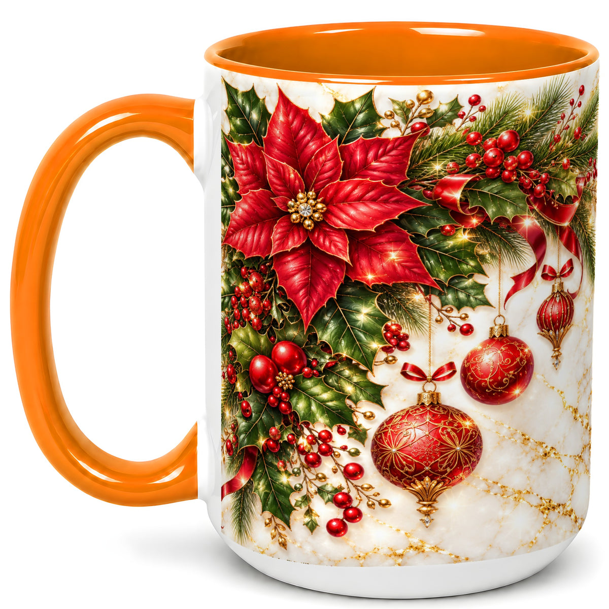 #pl[15oz|Orange] Christmas Ornaments Coffee Mug, Red Poinsettia Mug, Ceramic Cup