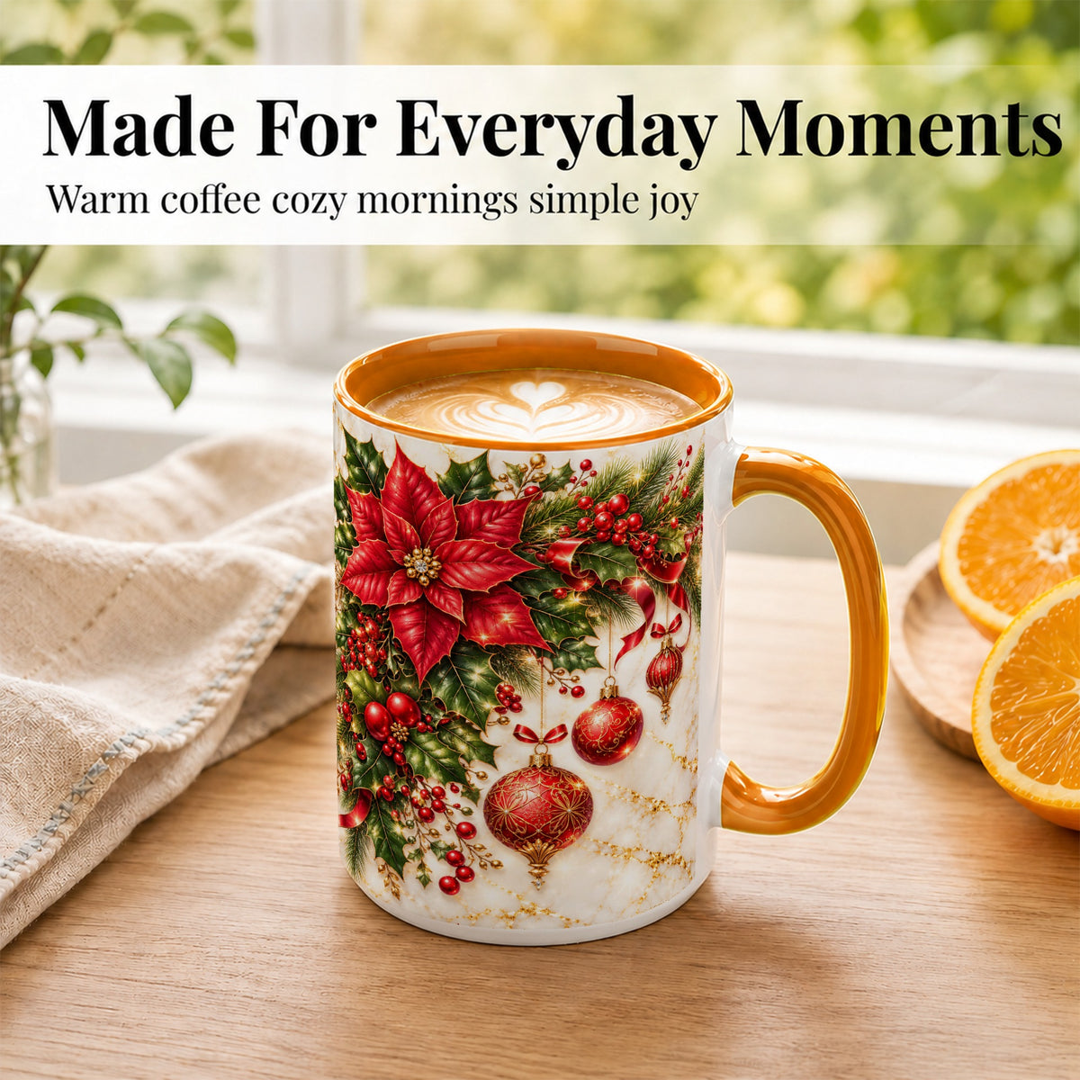 #pl[15oz|Orange] Christmas Ornaments Coffee Mug, Red Poinsettia Mug, Ceramic Cup