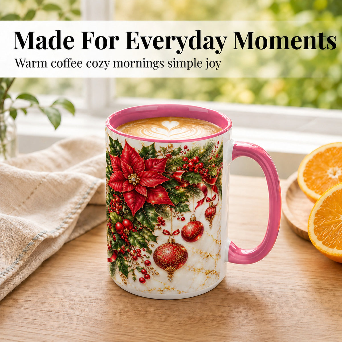 #pl[15oz|Pink] Christmas Ornaments Coffee Mug, Red Poinsettia Mug, Ceramic Cup