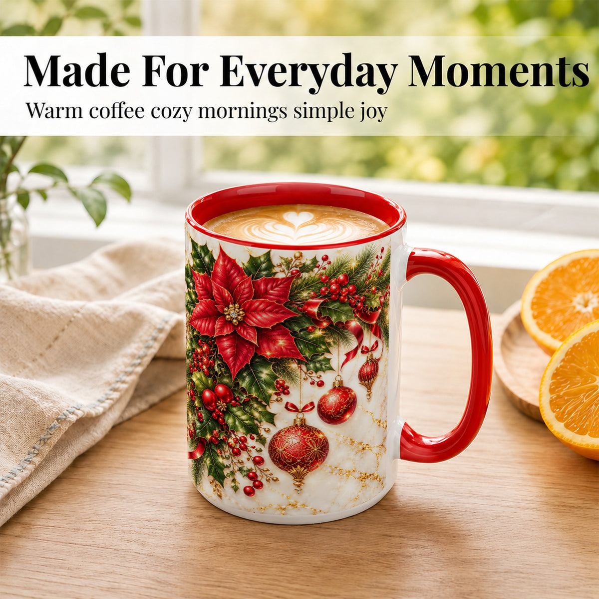#pl[15oz|Red] Christmas Ornaments Coffee Mug, Red Poinsettia Mug, Ceramic Cup