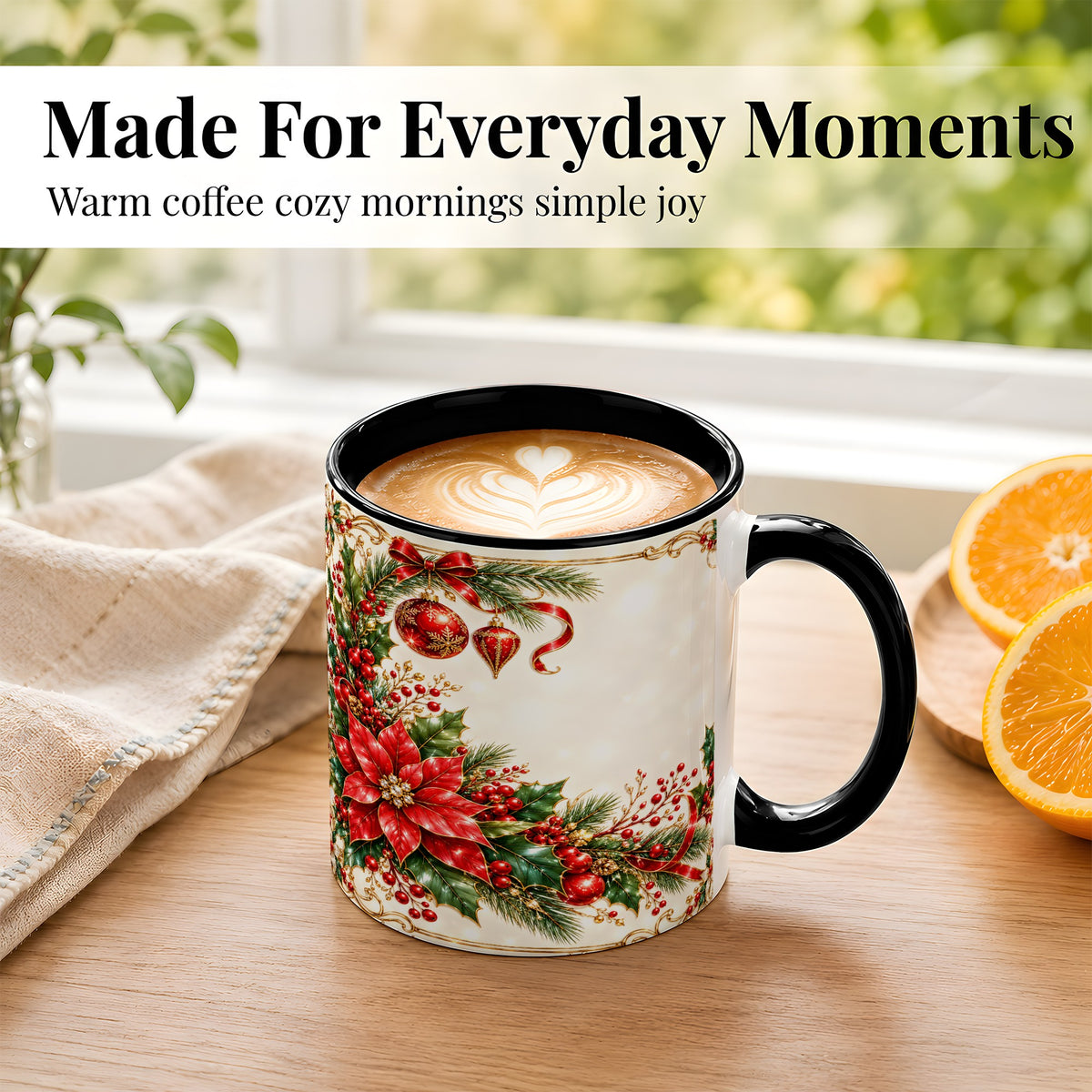 #pl[11oz|Black] Christmas Poinsettia Coffee Mug, Holiday Floral Mug, Ceramic Cup