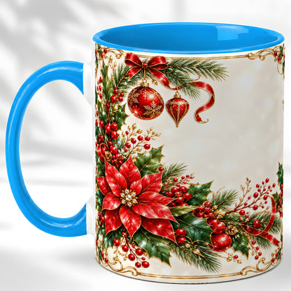 #pl[11oz|Blue] Christmas Poinsettia Coffee Mug, Holiday Floral Mug, Ceramic Cup