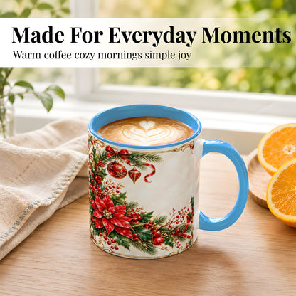 #pl[11oz|Blue] Christmas Poinsettia Coffee Mug, Holiday Floral Mug, Ceramic Cup