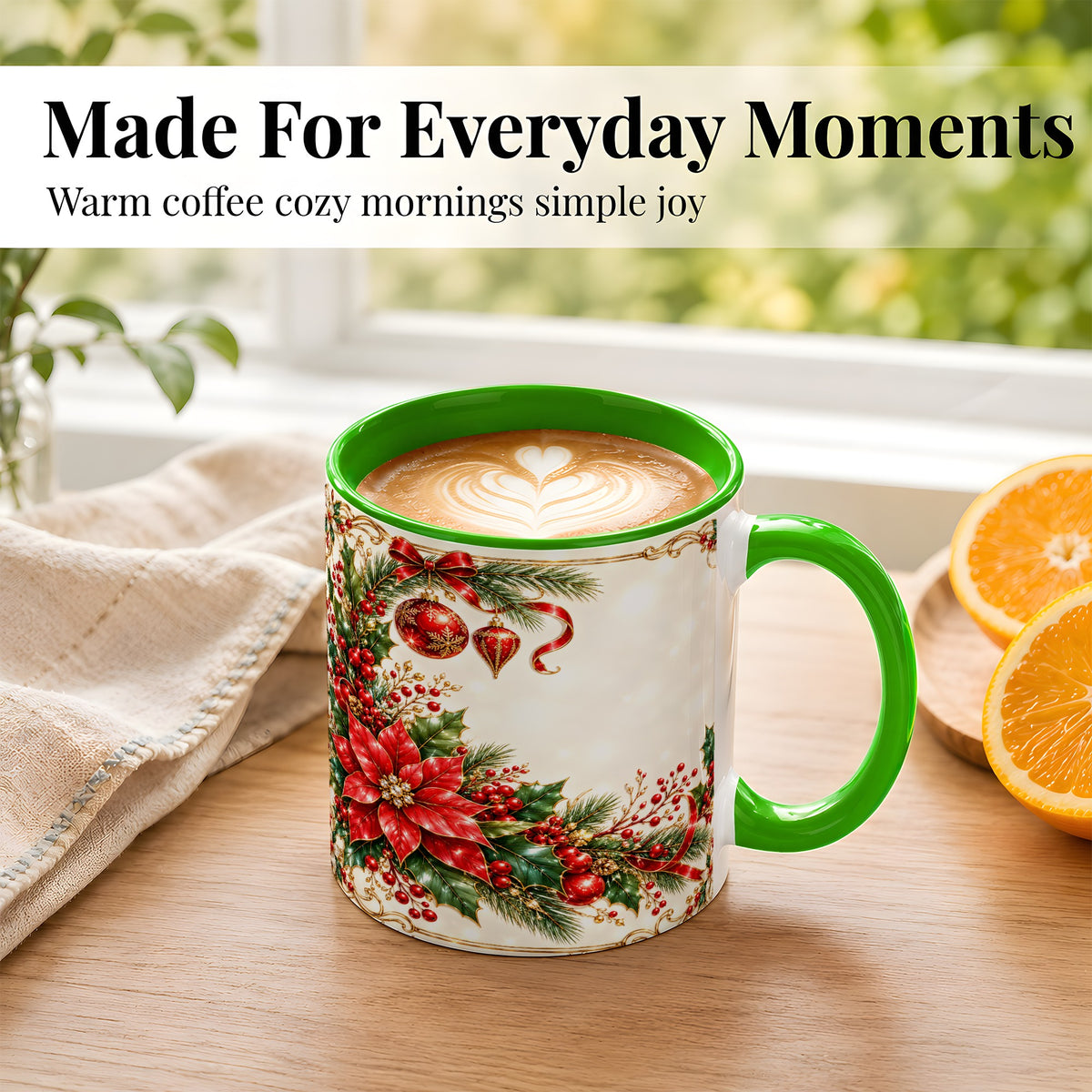 #pl[11oz|Green] Christmas Poinsettia Coffee Mug, Holiday Floral Mug, Ceramic Cup