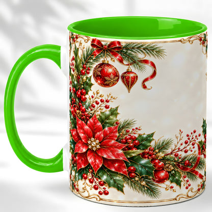 #pl[11oz|Green] Christmas Poinsettia Coffee Mug, Holiday Floral Mug, Ceramic Cup