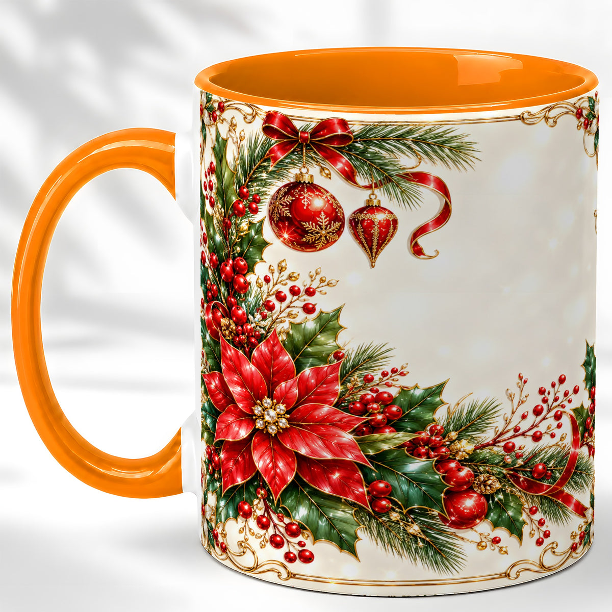#pl[11oz|Orange] Christmas Poinsettia Coffee Mug, Holiday Floral Mug, Ceramic Cup