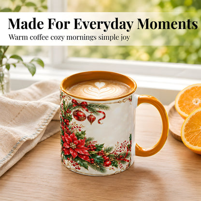 #pl[11oz|Orange] Christmas Poinsettia Coffee Mug, Holiday Floral Mug, Ceramic Cup