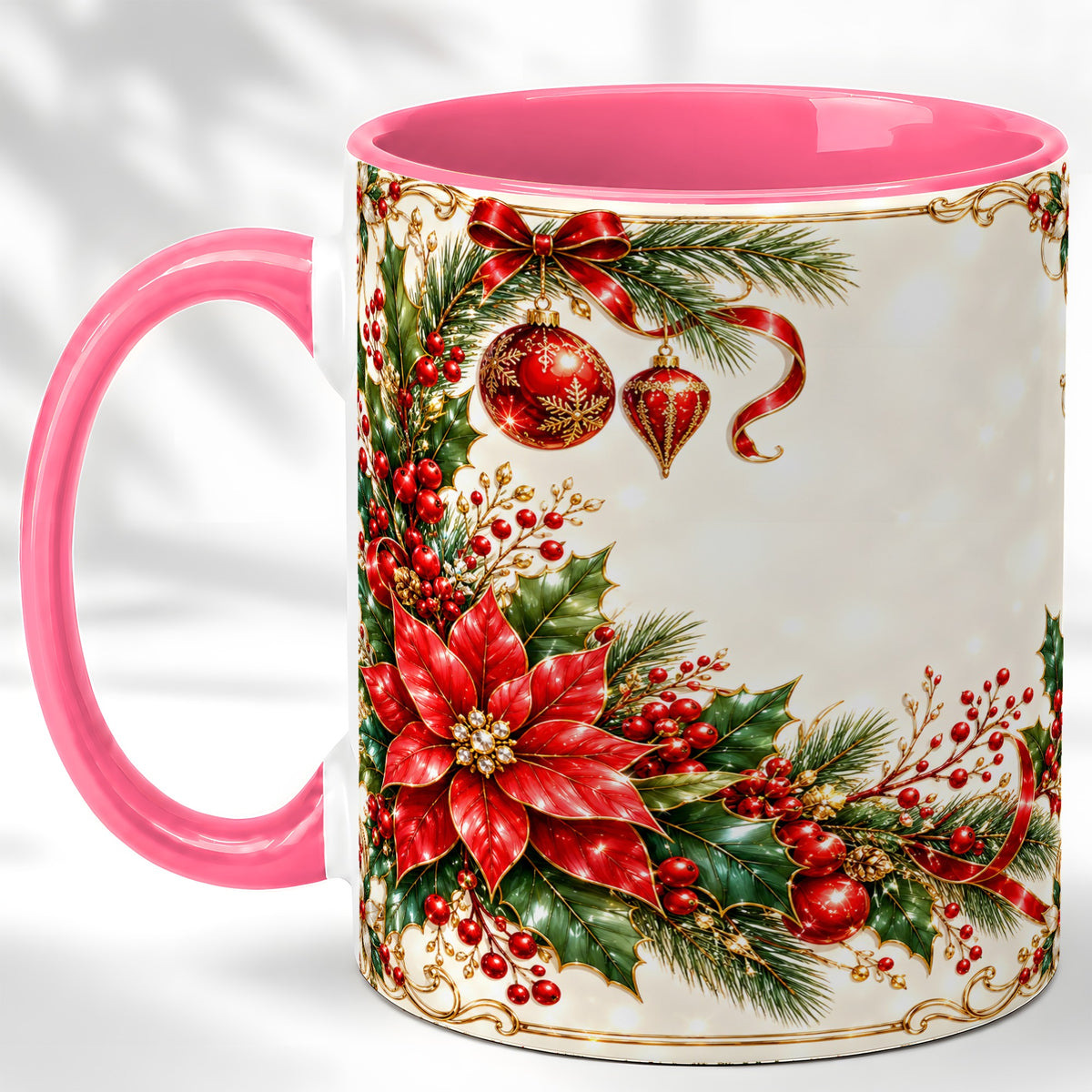 #pl[11oz|Pink] Christmas Poinsettia Coffee Mug, Holiday Floral Mug, Ceramic Cup