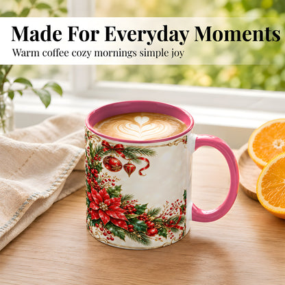 #pl[11oz|Pink] Christmas Poinsettia Coffee Mug, Holiday Floral Mug, Ceramic Cup