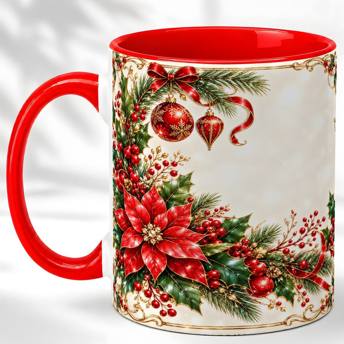 Christmas Poinsettia Coffee Mug, Holiday Floral Mug, Ceramic Cup