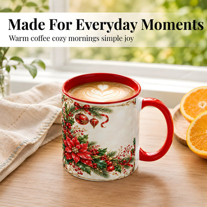 #pl[11oz|Red] Christmas Poinsettia Coffee Mug, Holiday Floral Mug, Ceramic Cup