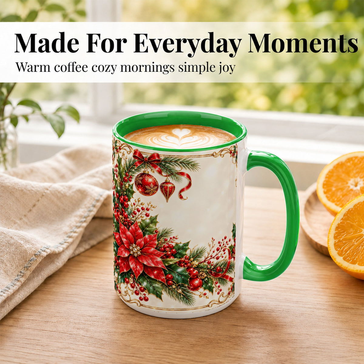 #pl[15oz|Green] Christmas Poinsettia Coffee Mug, Holiday Floral Mug, Ceramic Cup