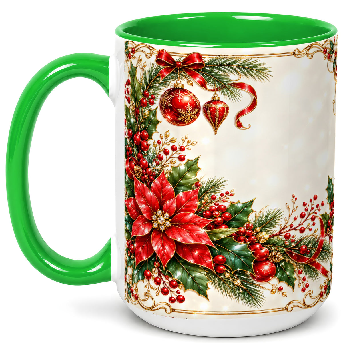 #pl[15oz|Green] Christmas Poinsettia Coffee Mug, Holiday Floral Mug, Ceramic Cup
