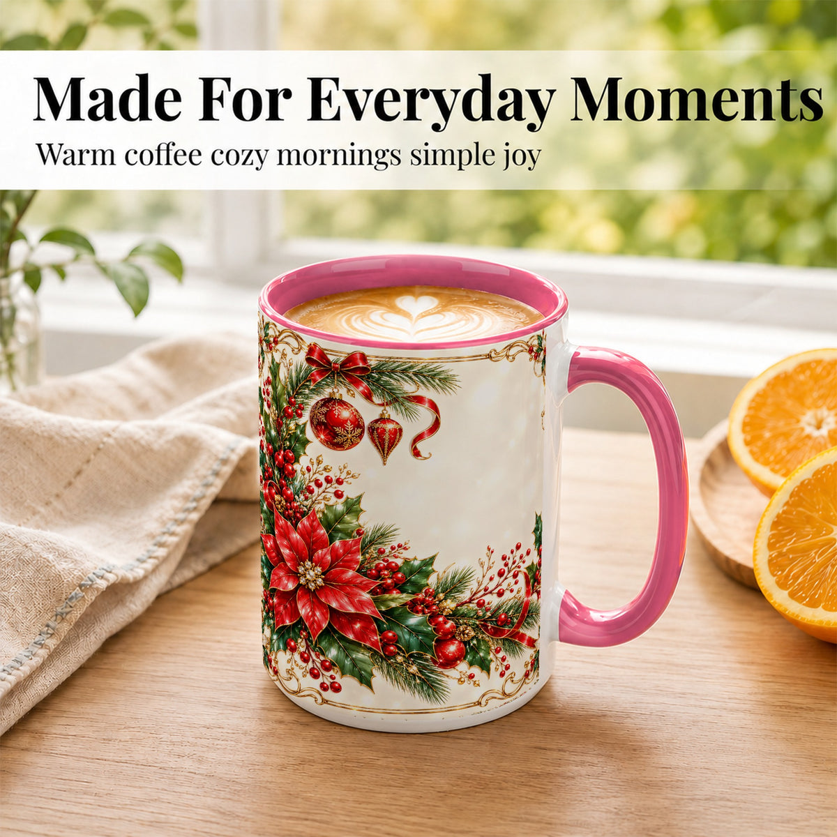 #pl[15oz|Pink] Christmas Poinsettia Coffee Mug, Holiday Floral Mug, Ceramic Cup