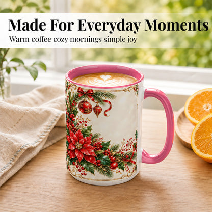 #pl[15oz|Pink] Christmas Poinsettia Coffee Mug, Holiday Floral Mug, Ceramic Cup