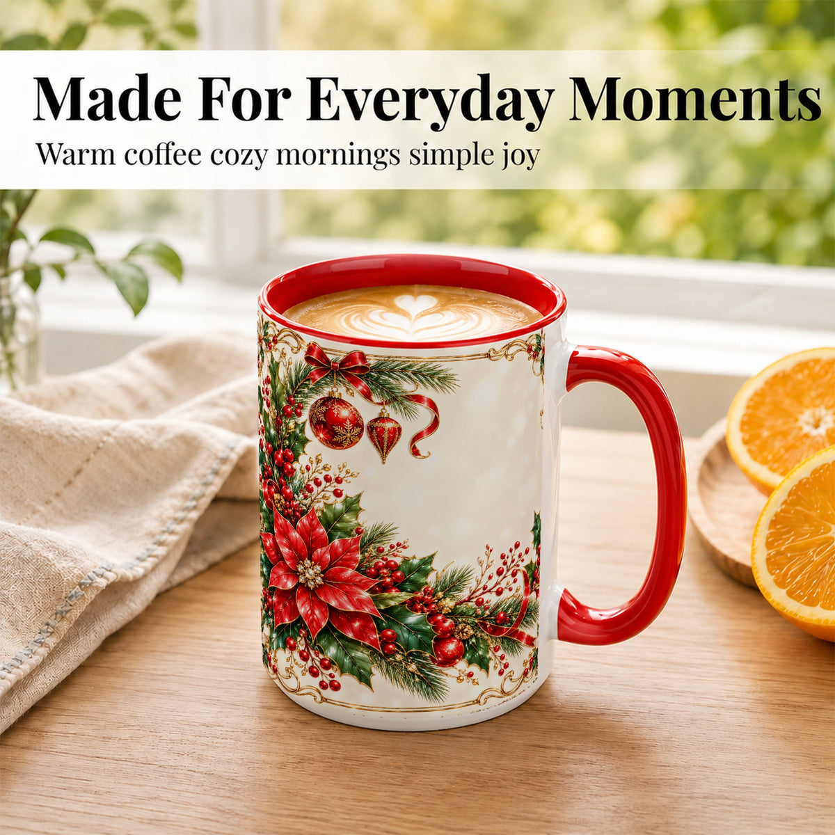 #pl[15oz|Red] Christmas Poinsettia Coffee Mug, Holiday Floral Mug, Ceramic Cup
