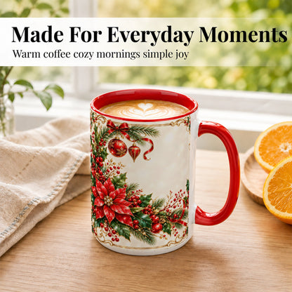 #pl[15oz|Red] Christmas Poinsettia Coffee Mug, Holiday Floral Mug, Ceramic Cup