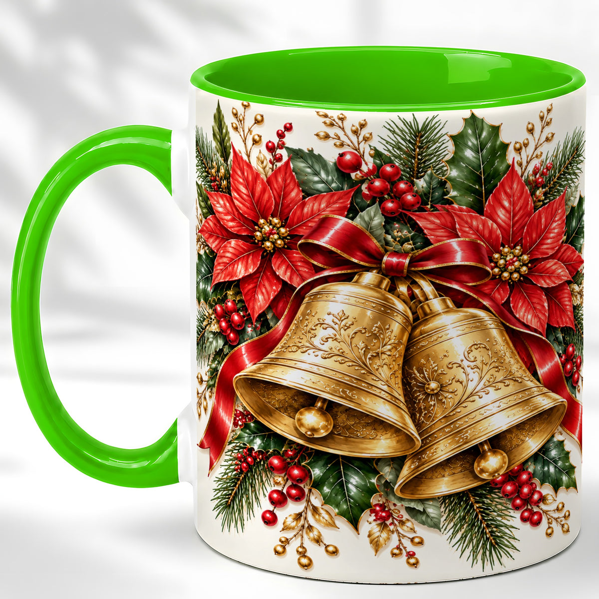 #pl[11oz|Green] Christmas Bells Coffee Mug, Golden Poinsettia Mug, Ceramic Cup