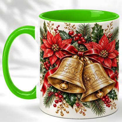 #pl[11oz|Green] Christmas Bells Coffee Mug, Golden Poinsettia Mug, Ceramic Cup