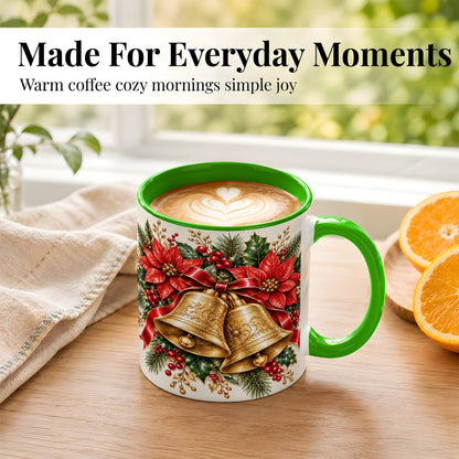 #pl[11oz|Green] Christmas Bells Coffee Mug, Golden Poinsettia Mug, Ceramic Cup
