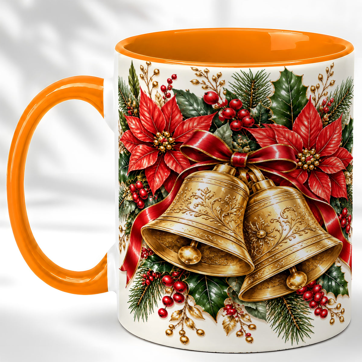 #pl[11oz|Orange] Christmas Bells Coffee Mug, Golden Poinsettia Mug, Ceramic Cup