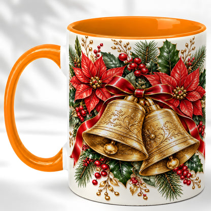 #pl[11oz|Orange] Christmas Bells Coffee Mug, Golden Poinsettia Mug, Ceramic Cup
