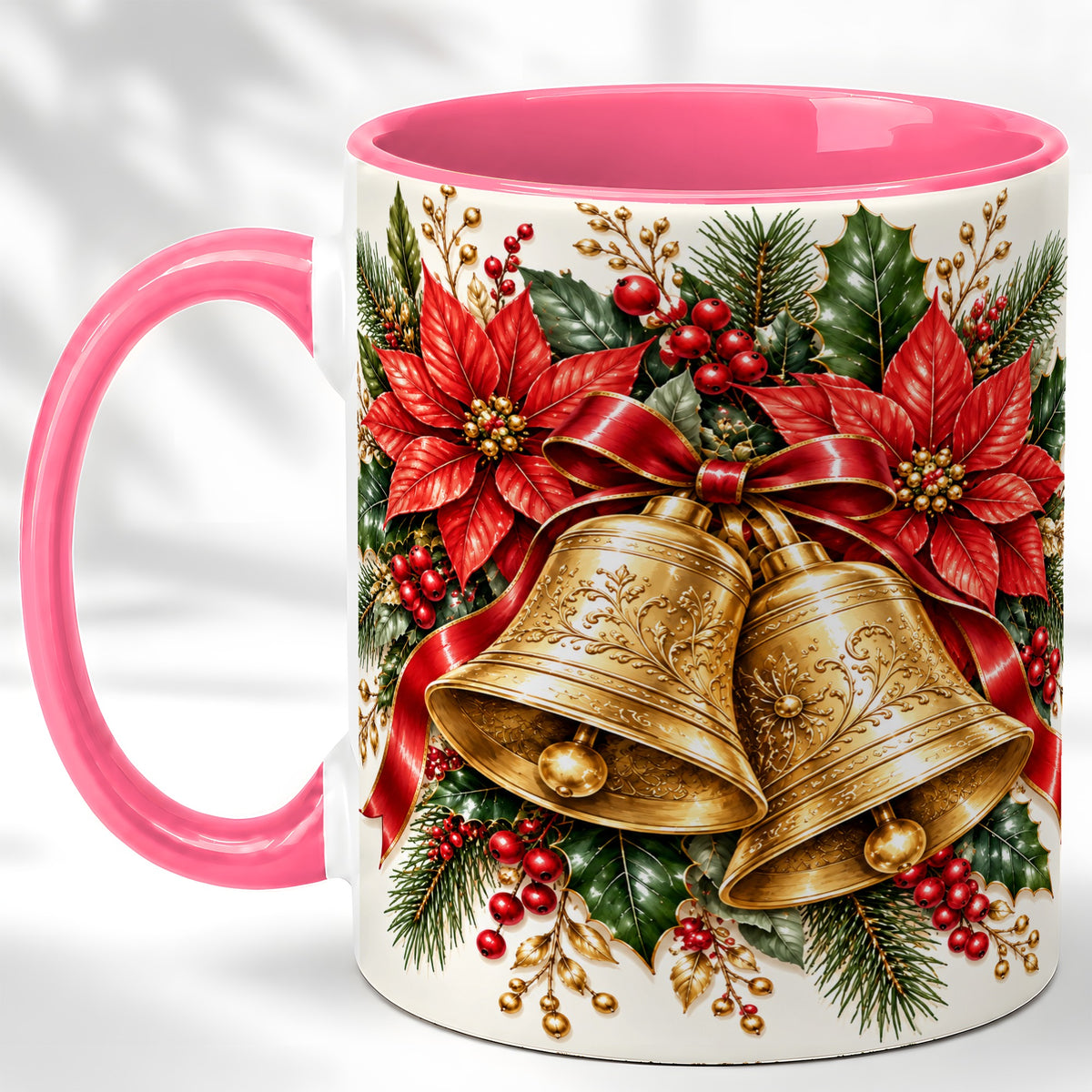 #pl[11oz|Pink] Christmas Bells Coffee Mug, Golden Poinsettia Mug, Ceramic Cup