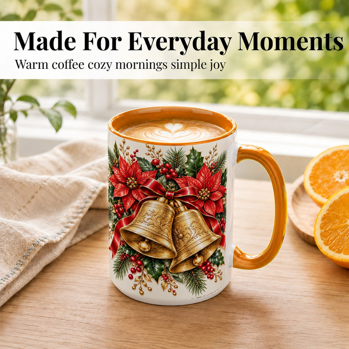 #pl[15oz|Orange] Christmas Bells Coffee Mug, Golden Poinsettia Mug, Ceramic Cup