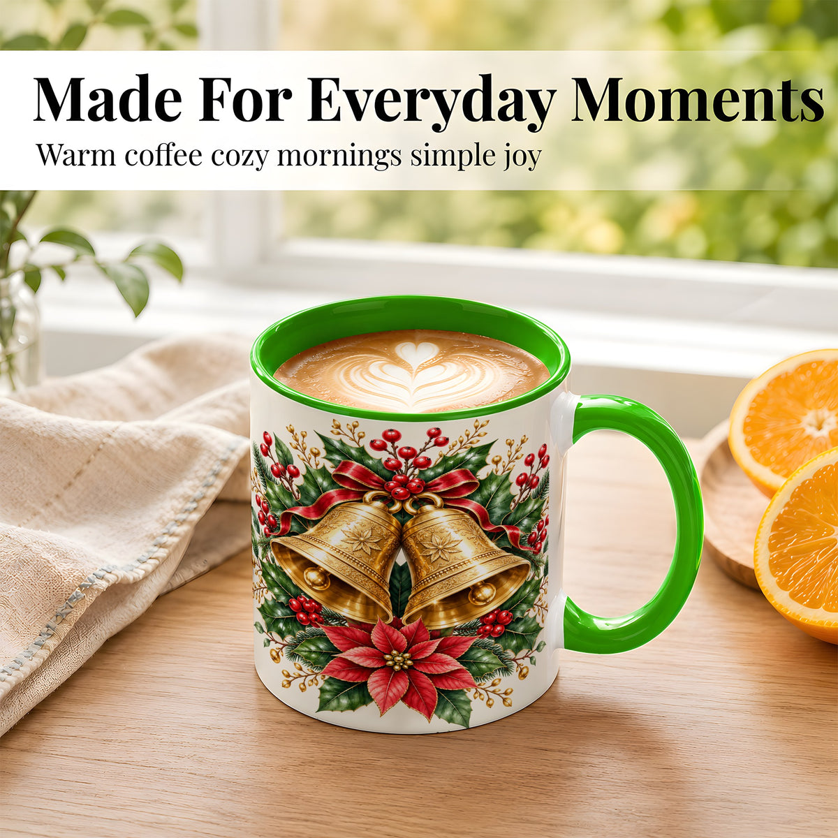 #pl[11oz|Green] Vintage Christmas Bells Coffee Mug, Red Poinsettia Mug, Ceramic Cup
