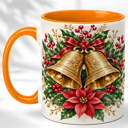 #pl[11oz|Orange] Vintage Christmas Bells Coffee Mug, Red Poinsettia Mug, Ceramic Cup