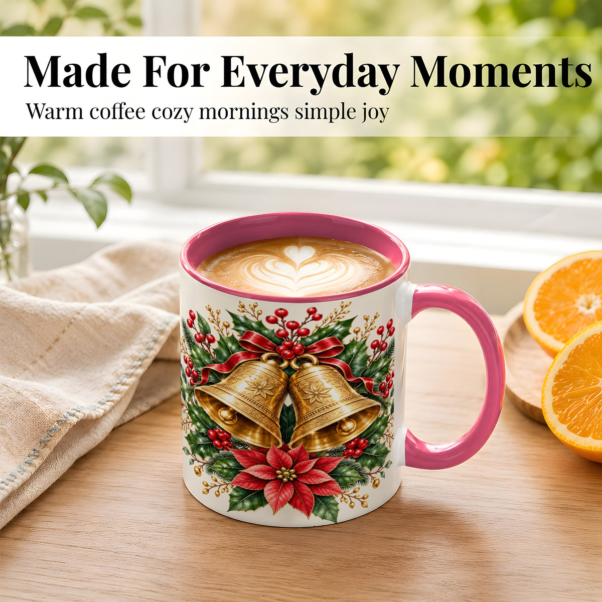 #pl[11oz|Pink] Vintage Christmas Bells Coffee Mug, Red Poinsettia Mug, Ceramic Cup