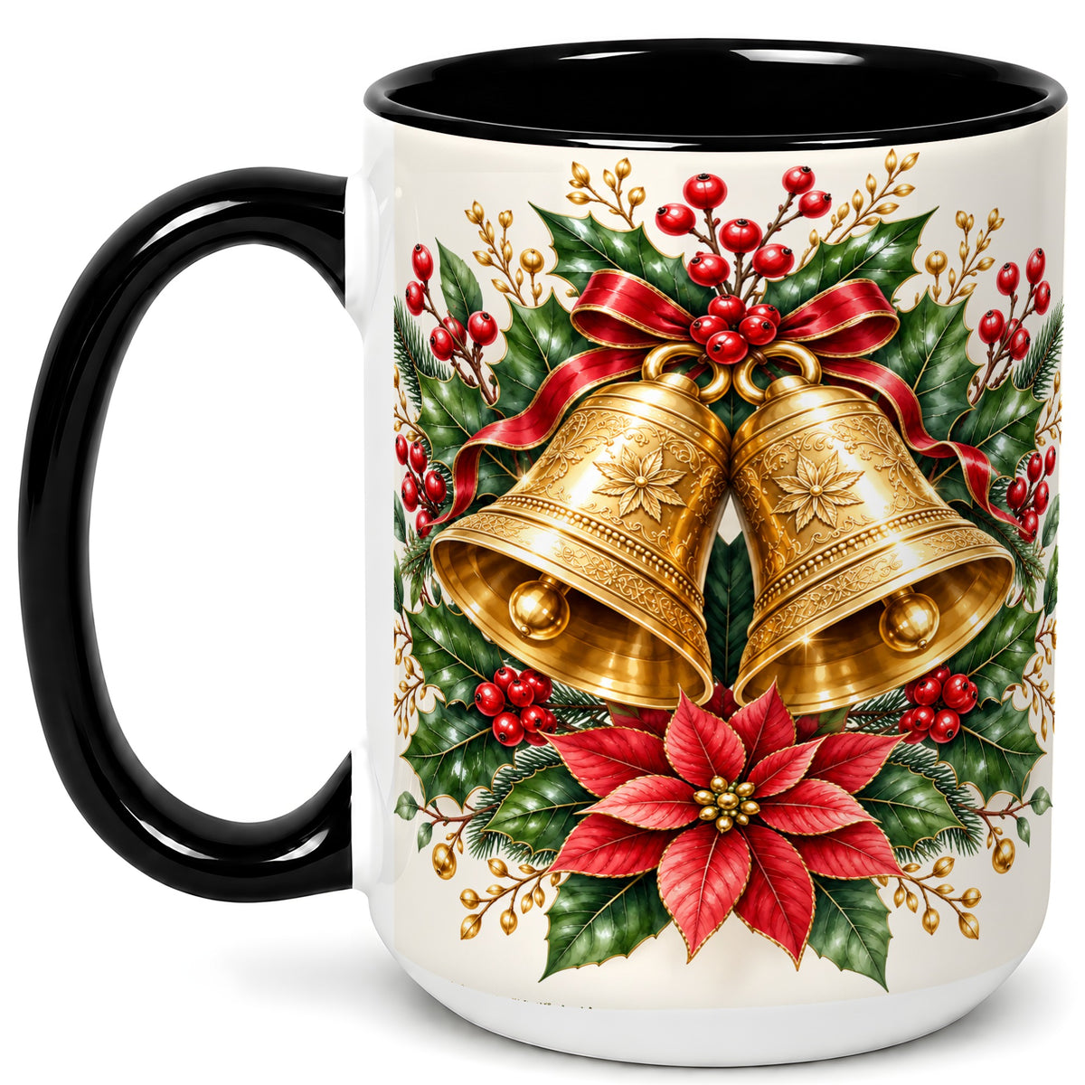 #pl[15oz|Black] Vintage Christmas Bells Coffee Mug, Red Poinsettia Mug, Ceramic Cup