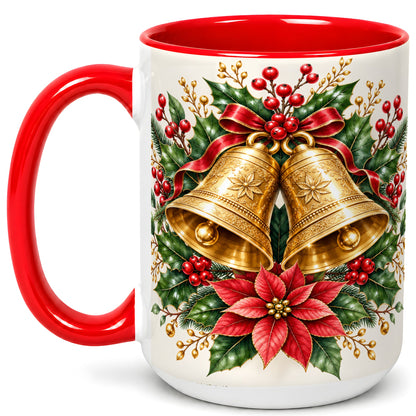 #pl[15oz|Red] Vintage Christmas Bells Coffee Mug, Red Poinsettia Mug, Ceramic Cup
