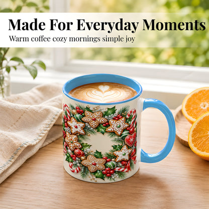 #pl[11oz|Blue] Gingerbread Christmas Coffee Mug, Candy Cane Wreath Mug, Ceramic Cup