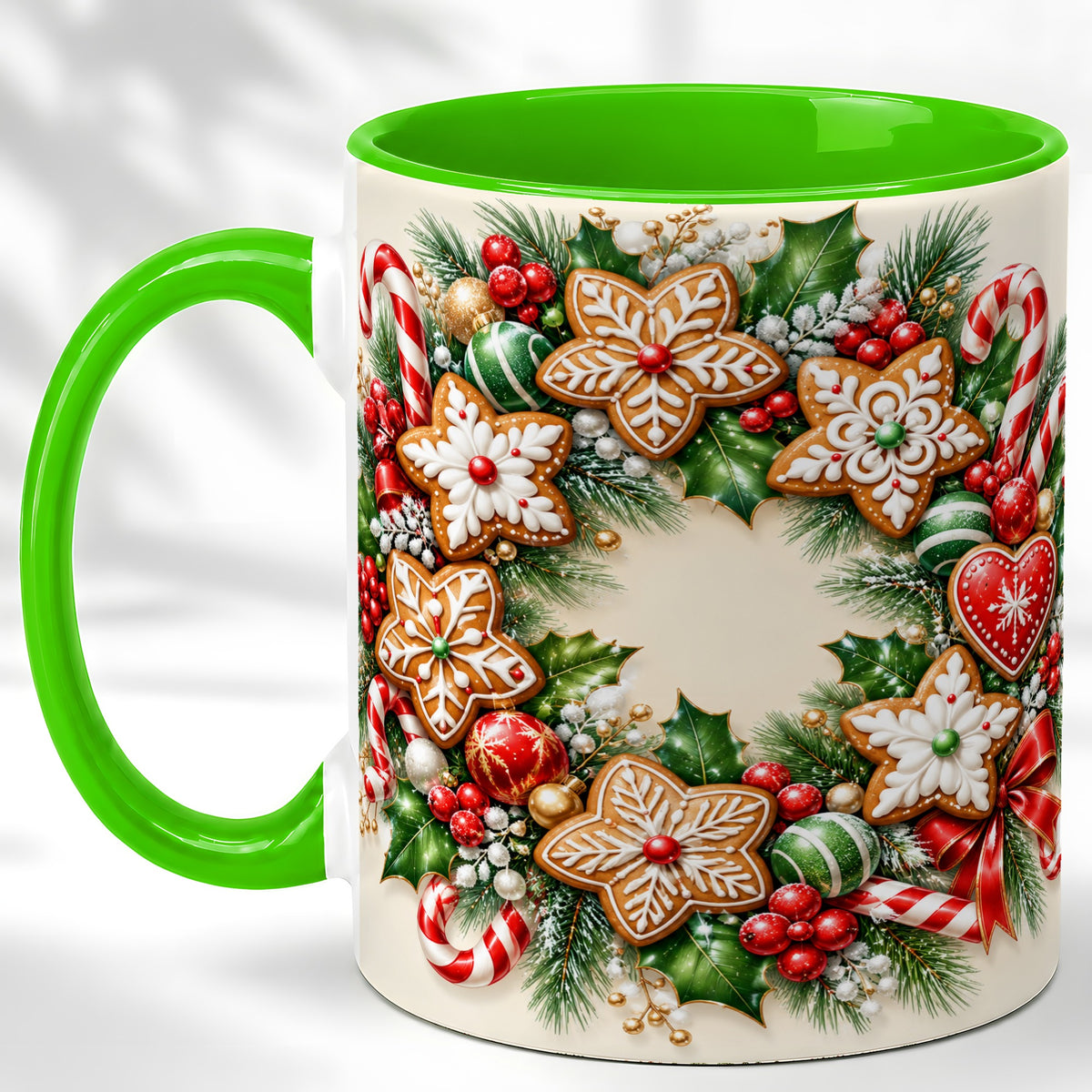 #pl[11oz|Green] Gingerbread Christmas Coffee Mug, Candy Cane Wreath Mug, Ceramic Cup