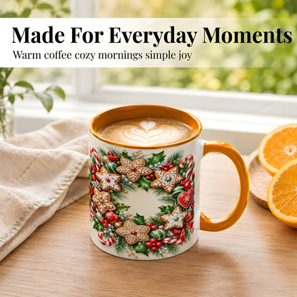 #pl[11oz|Orange] Gingerbread Christmas Coffee Mug, Candy Cane Wreath Mug, Ceramic Cup