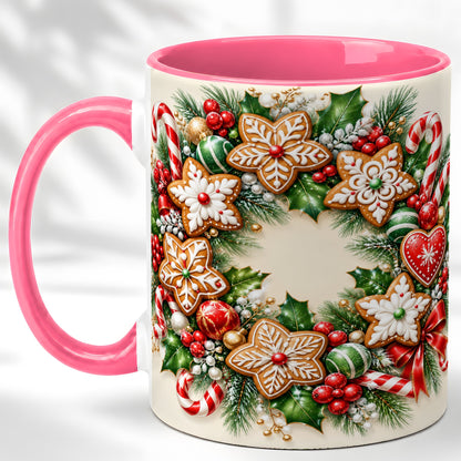 #pl[11oz|Pink] Gingerbread Christmas Coffee Mug, Candy Cane Wreath Mug, Ceramic Cup