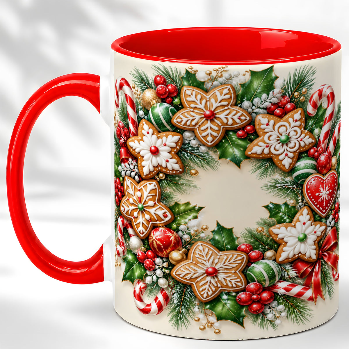 Gingerbread Christmas Coffee Mug, Candy Cane Wreath Mug, Ceramic Cup