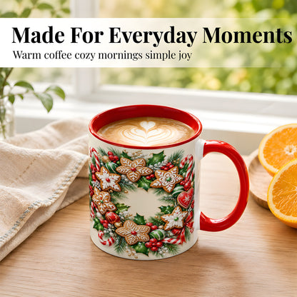#pl[11oz|Red] Gingerbread Christmas Coffee Mug, Candy Cane Wreath Mug, Ceramic Cup