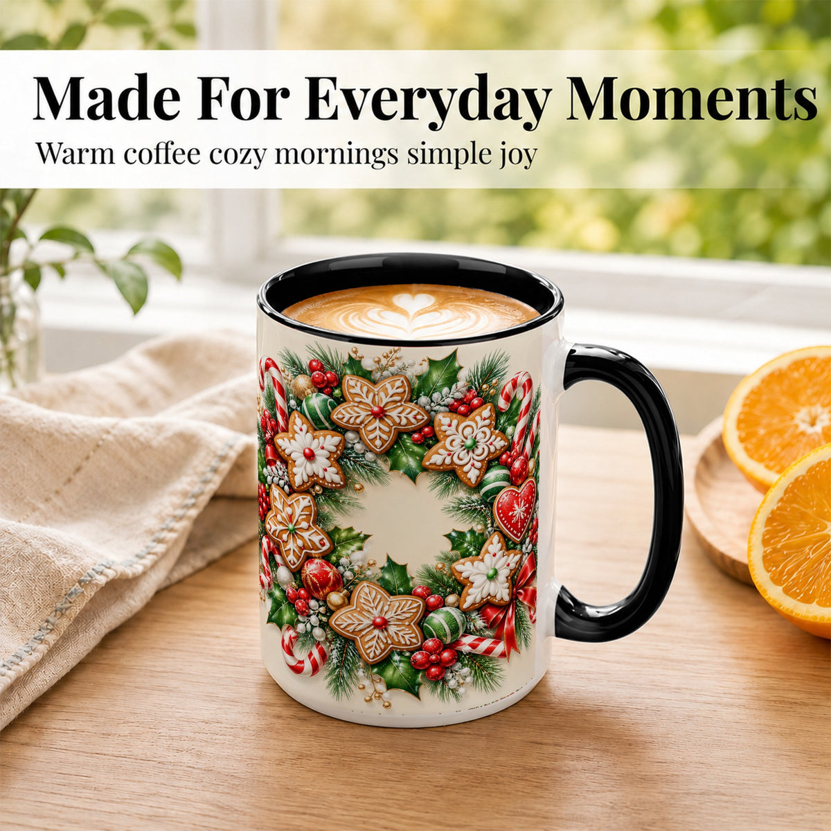 #pl[15oz|Black] Gingerbread Christmas Coffee Mug, Candy Cane Wreath Mug, Ceramic Cup